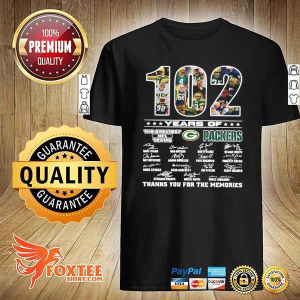 Awesome green bay packers 102 years of thank you for the memories signatures shirt