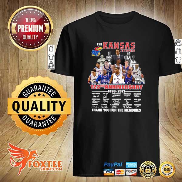 Awesome the kansas jayhawks 123rd anniversary 1998 - 2021 signatures thank you for the memories shirt