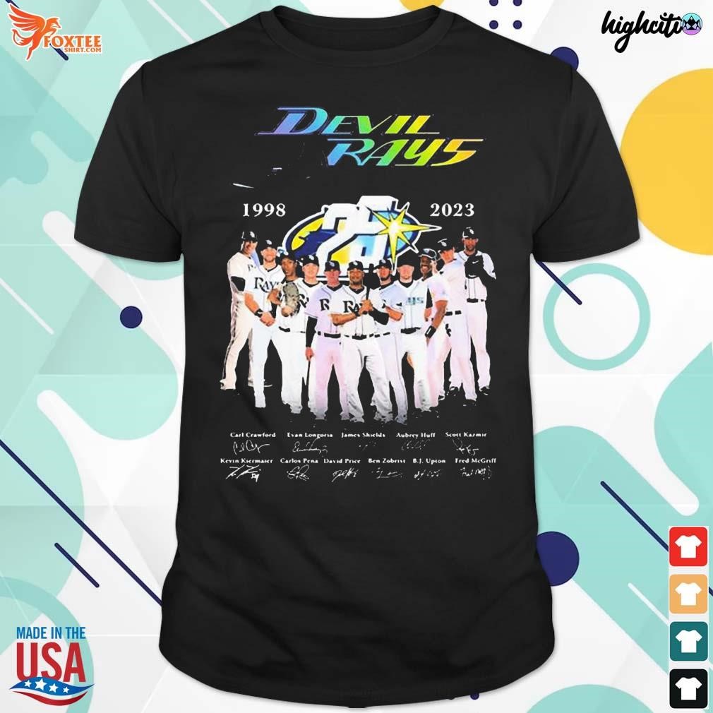 Awesome tampa Bay devil rays 25th anniversary 1998-2023 thank you for the memories Kevin Evan Ligorna James Aubrey Huff Ben Zobern signatures t-shirt